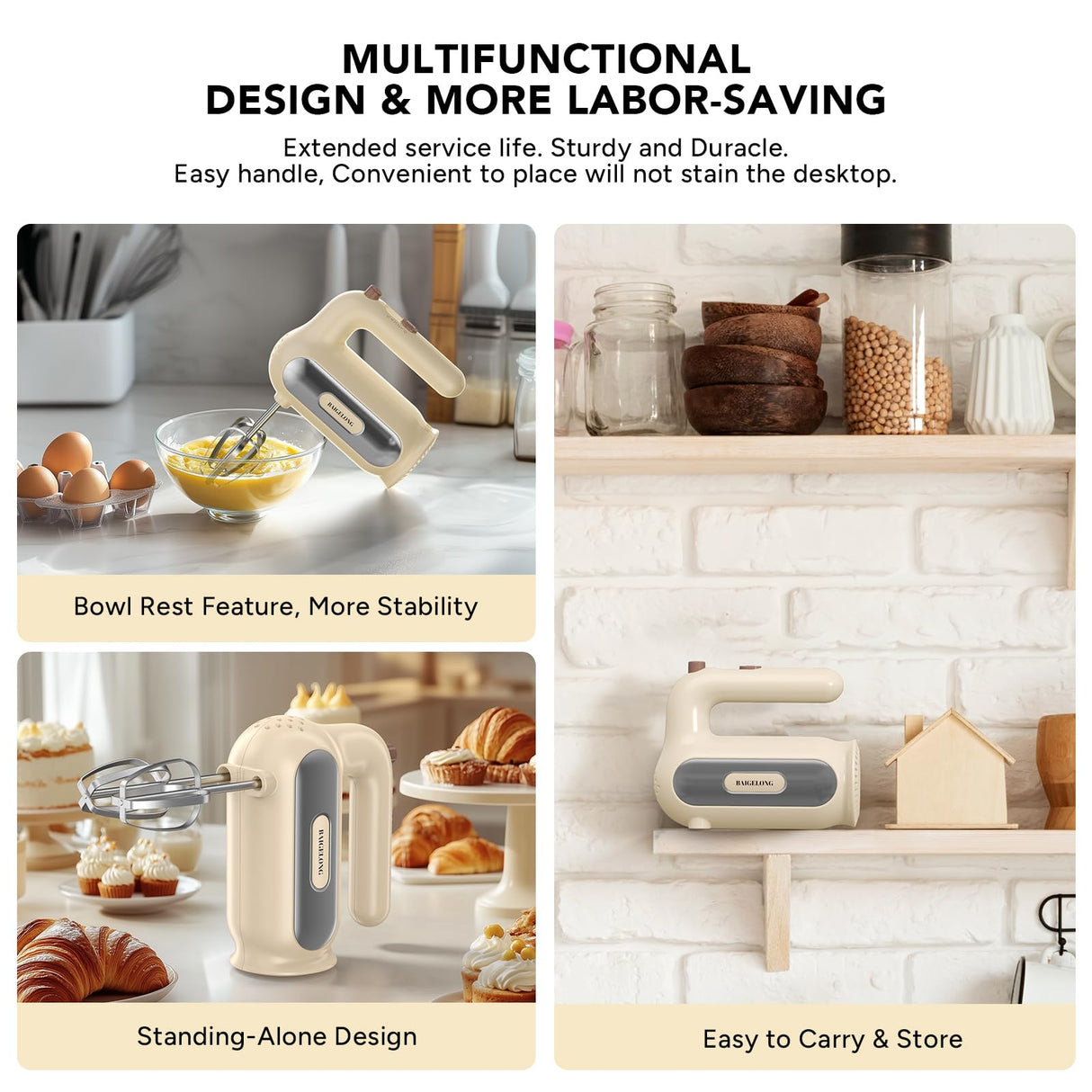 Hand Mixer Electric, 5-Speed Small Handheld Mixer, 2* (304 Dough Hooks & 304 Whisks) Food Mixer, Kitchen Mixer for Baking, Cream, Cookies, Dishwasher Safe BAIGELONG