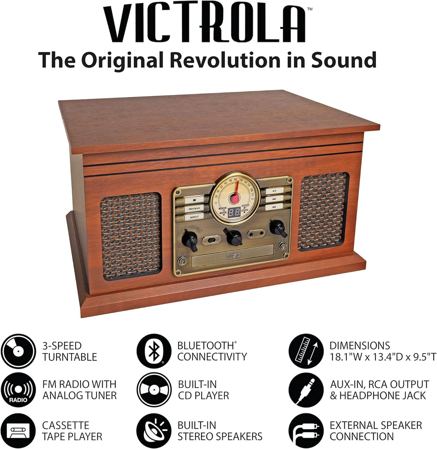 Victrola Nostalgic 6-in-1 Bluetooth Record Player & Multimedia Center with Built-in Speakers - 3-Speed Turntable, CD & Cassette Player, FM Radio | Wireless Music Streaming | Mahogany - WoodArtSupply