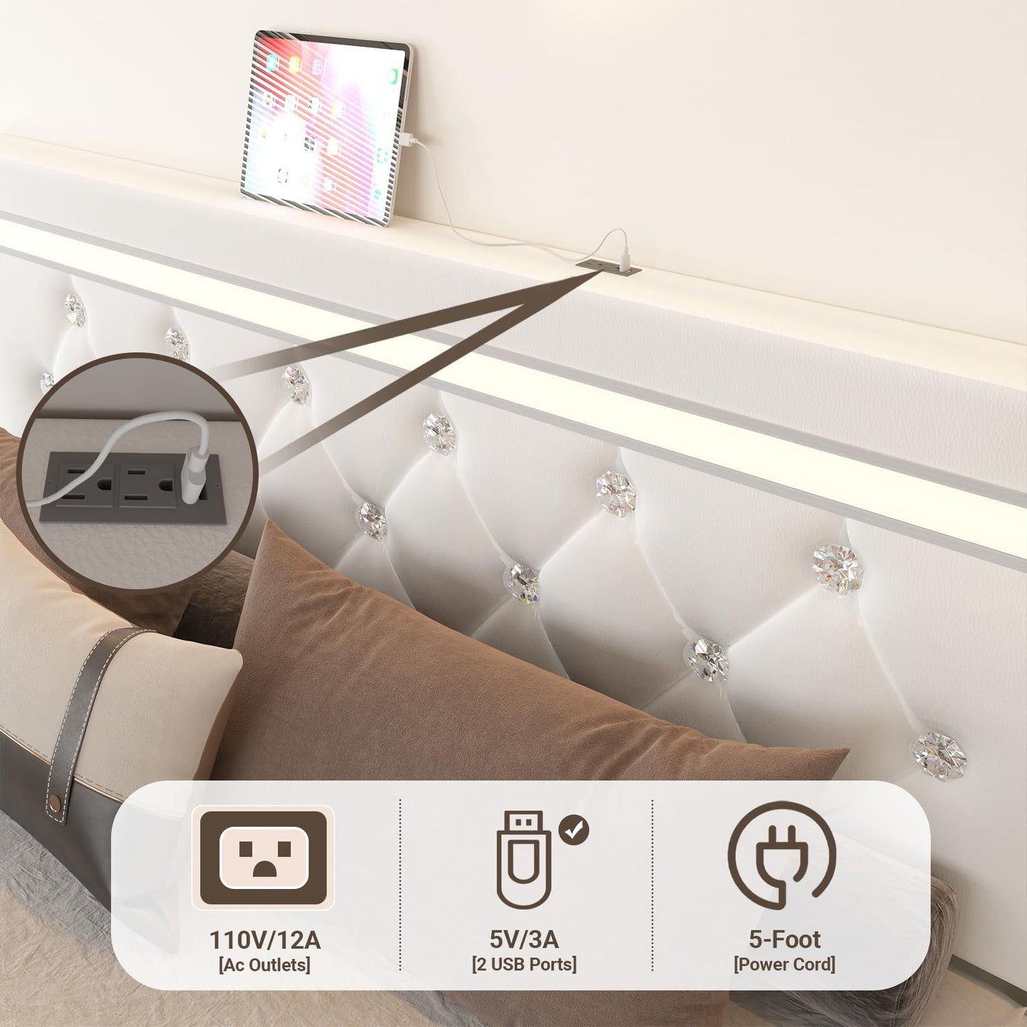 Kallabe White Queen Bed Frame with LED Headboard, 4 Storage Drawers, and USB Charging Station - WoodArtSupply