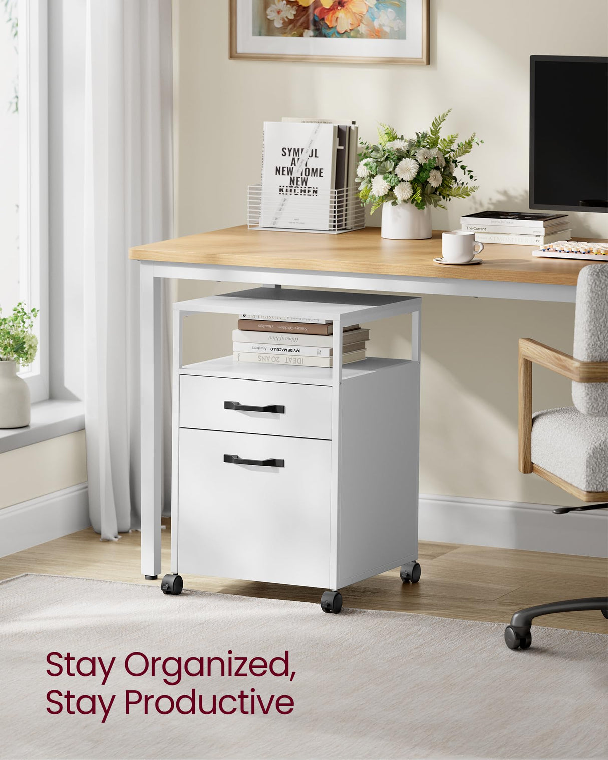 VASAGLE File Cabinet, Mobile Filing Cabinet with Wheels, 2 Drawers, Open Shelf, for A4, Letter Size, Hanging File Folders, Cloud White UOFC071W14 VASAGLE