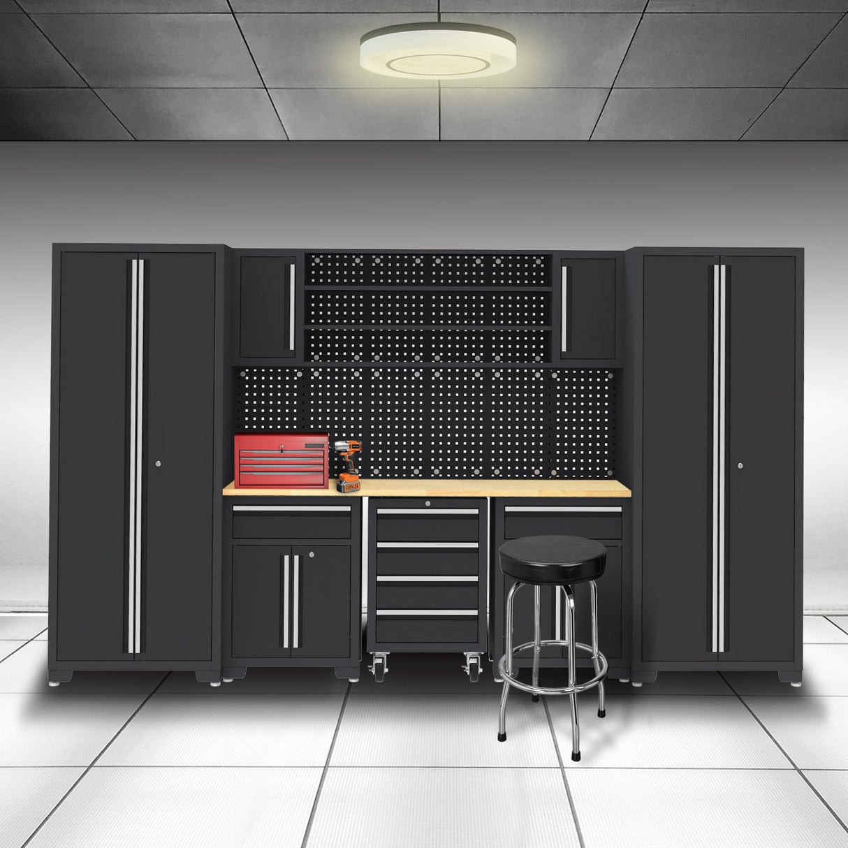 HPDMC Garage Storage Cabinet System - 9-Pc Steel Workshop Set w/Workbench Includes Cabinet Drawers & Pegboard | Gray Tool Organization System for Garage/Workshop HPDMC