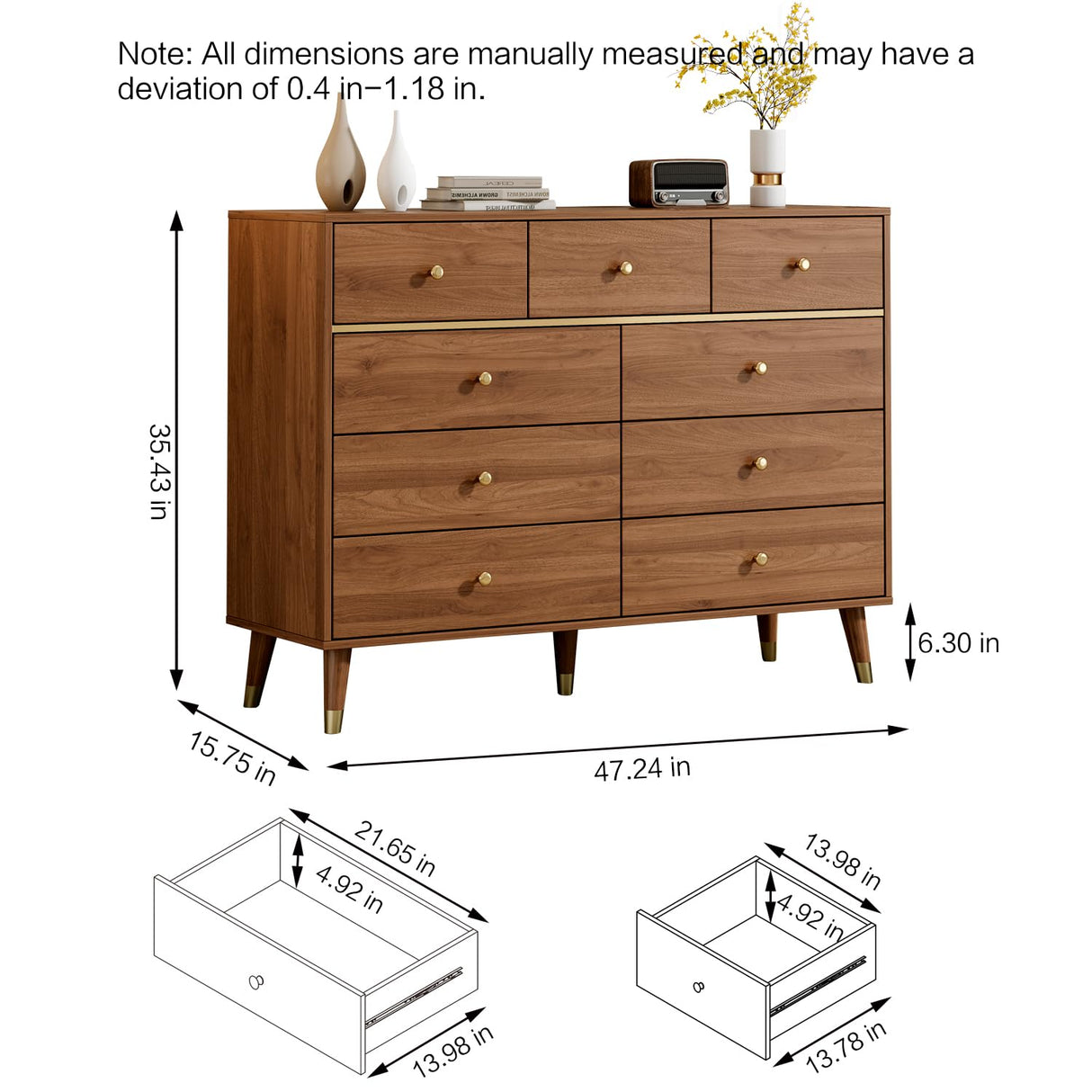 Chrangmay 9 Drawers Dresser for Bedroom,35.4" Tall Wood Rustic Modern Chest of Drawers with Natural Texture,with Anti-Tipping Device, Storage Dressers Organizer for Bedroom, Living Room,Chestnut Chrangmay