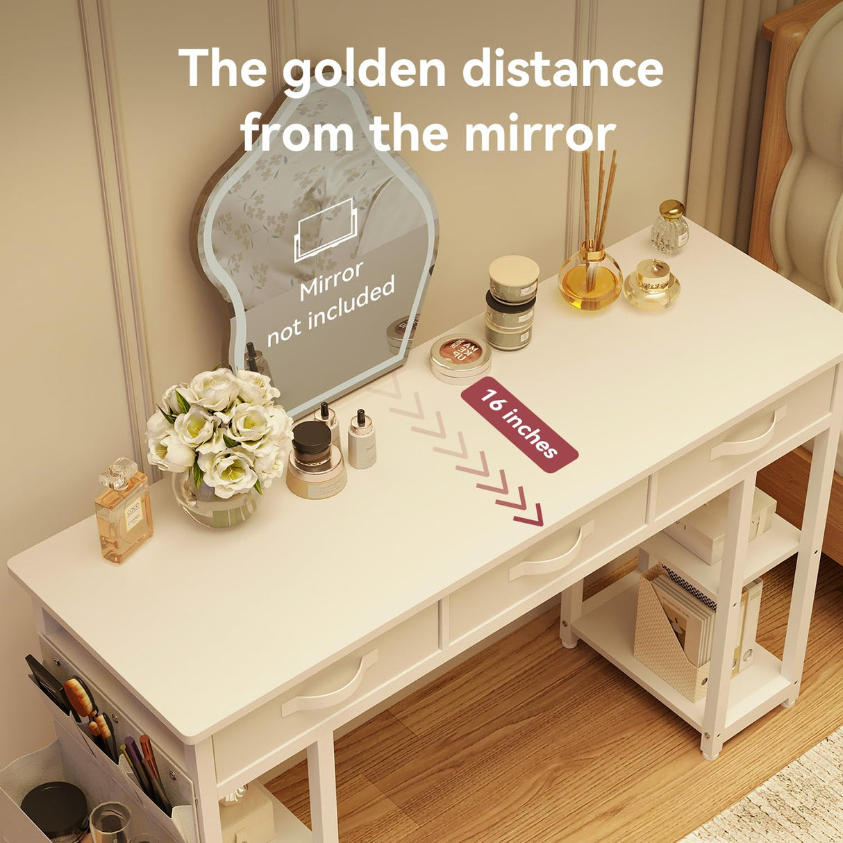 oneinmil White Vanity Desk, Computer and Study Desk with Fabric Drawers & Side Storage Bag, no Mirror. Makeup Vanity Table, Home Office Desk, Modern Writing Desk, 48"x16". oneinmil