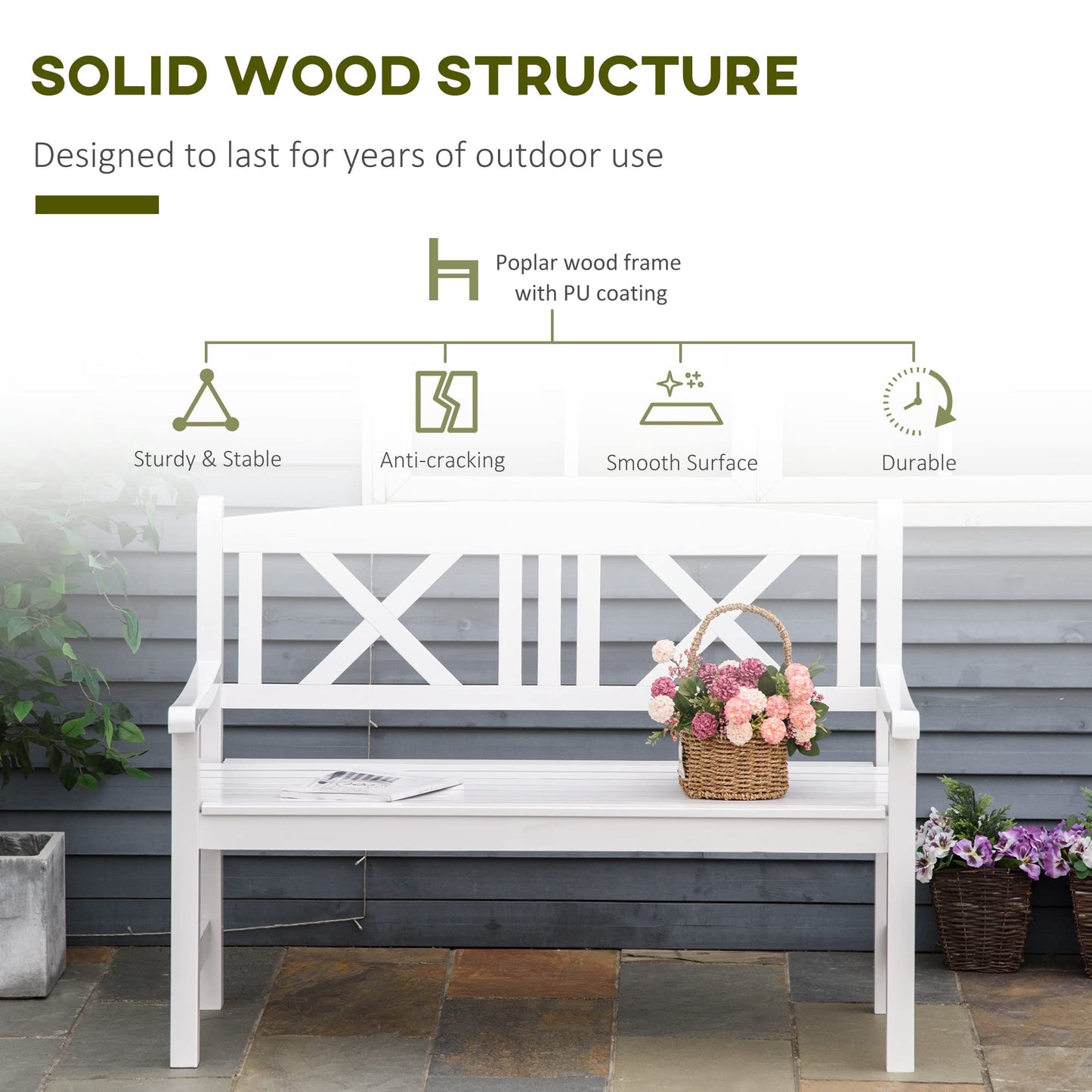 Outsunny White Rustic Wooden Garden Bench for Two with Backrest and Armrests - WoodArtSupply