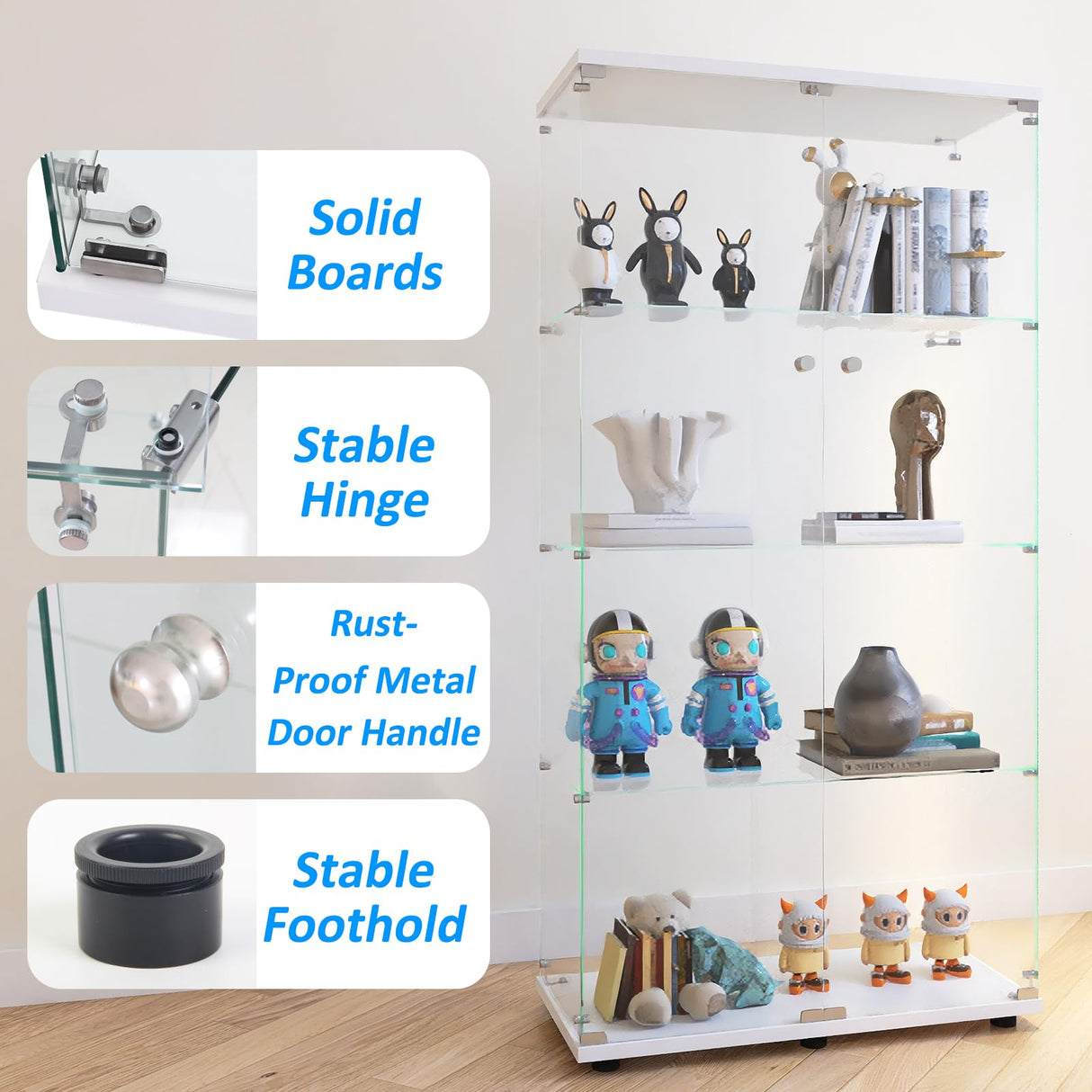 Glass Display Case for Collectibles, Double Door 4 Shelves Lockable Curio Cabinet with LED Lights, Clear Tempered Glass Showcase Cabinet for Home Office Retail Store,13.5" D x 31" W x 65" H,White Fetuero