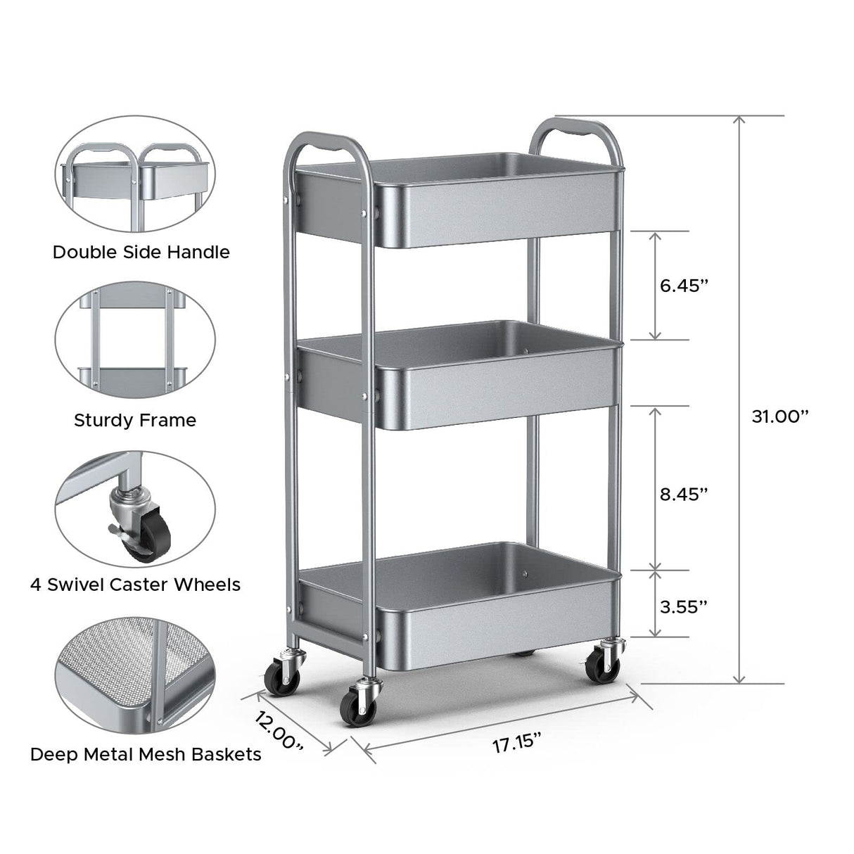 3-Tier Kitchen Cart Multifunctional Rolling Utility Cart with Lockable Wheels，Storage Craft Art Cart Trolley Organizer Serving Cart Easy Assembly for Office, Bathroom, Kitchen, Classroom（silvery-grey） MAX Houser