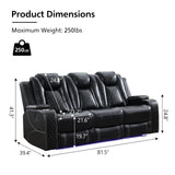 Power Reclining Sofa Couch with Wireless Charger, 3 Seaters with Recliner with Reading Light, Leather Electric 3 Seat Sofa Sectional Set for Living Room, Home Theater Seating with LED Lights, Black Comfort Stretch