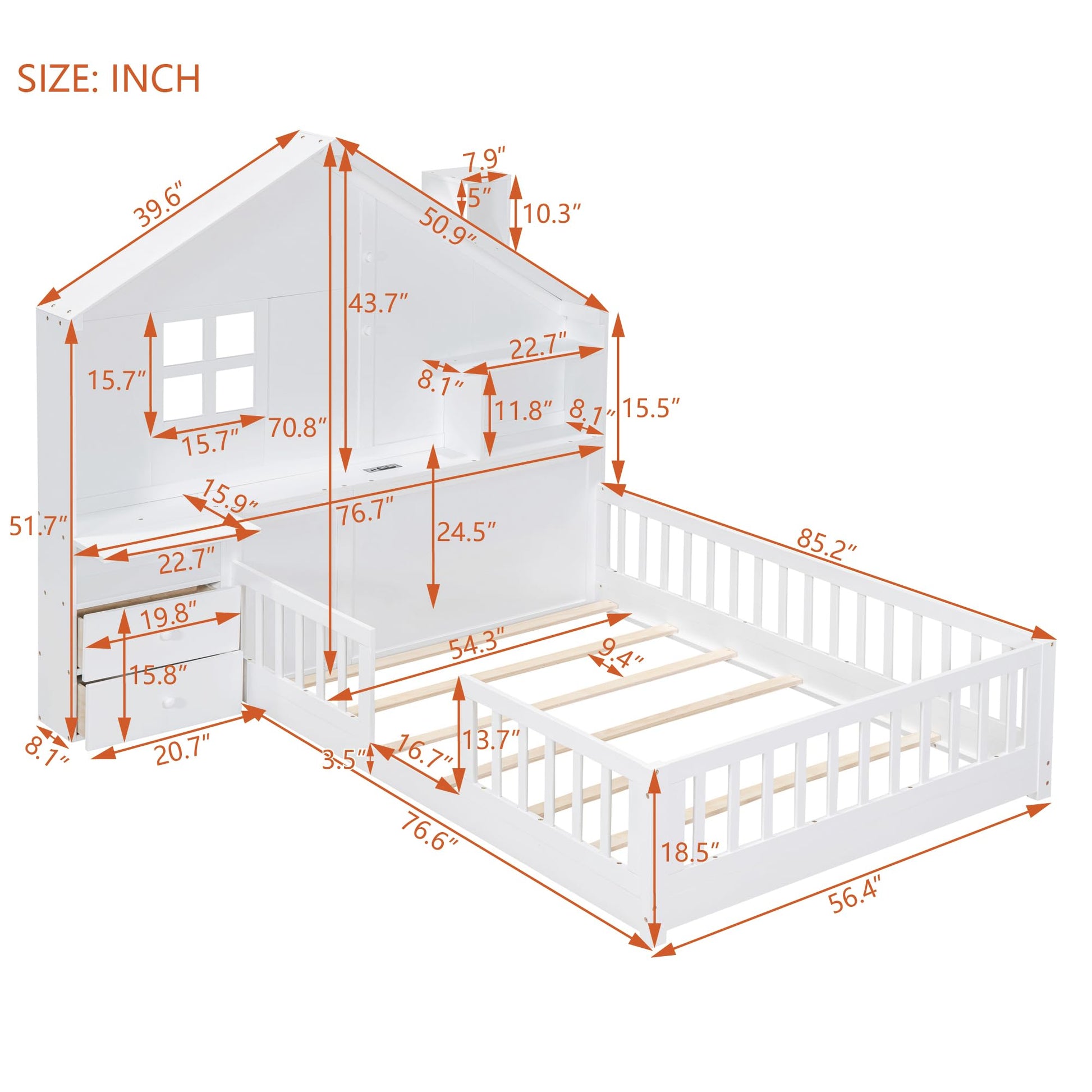 MERITLINE White Montessori Floor Bed with House Design, Drawers, Shelves, and USB Ports for Kids - WoodArtSupply