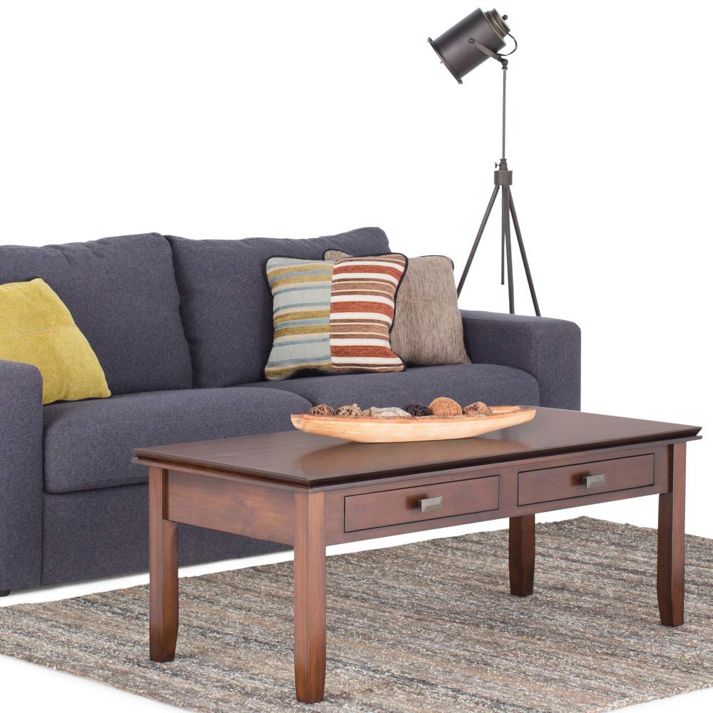 SIMPLIHOME Artisan SOLID WOOD 46 inch Wide Rectangle Coffee Table in Russet Brown, for the Living Room and Family Room - WoodArtSupply