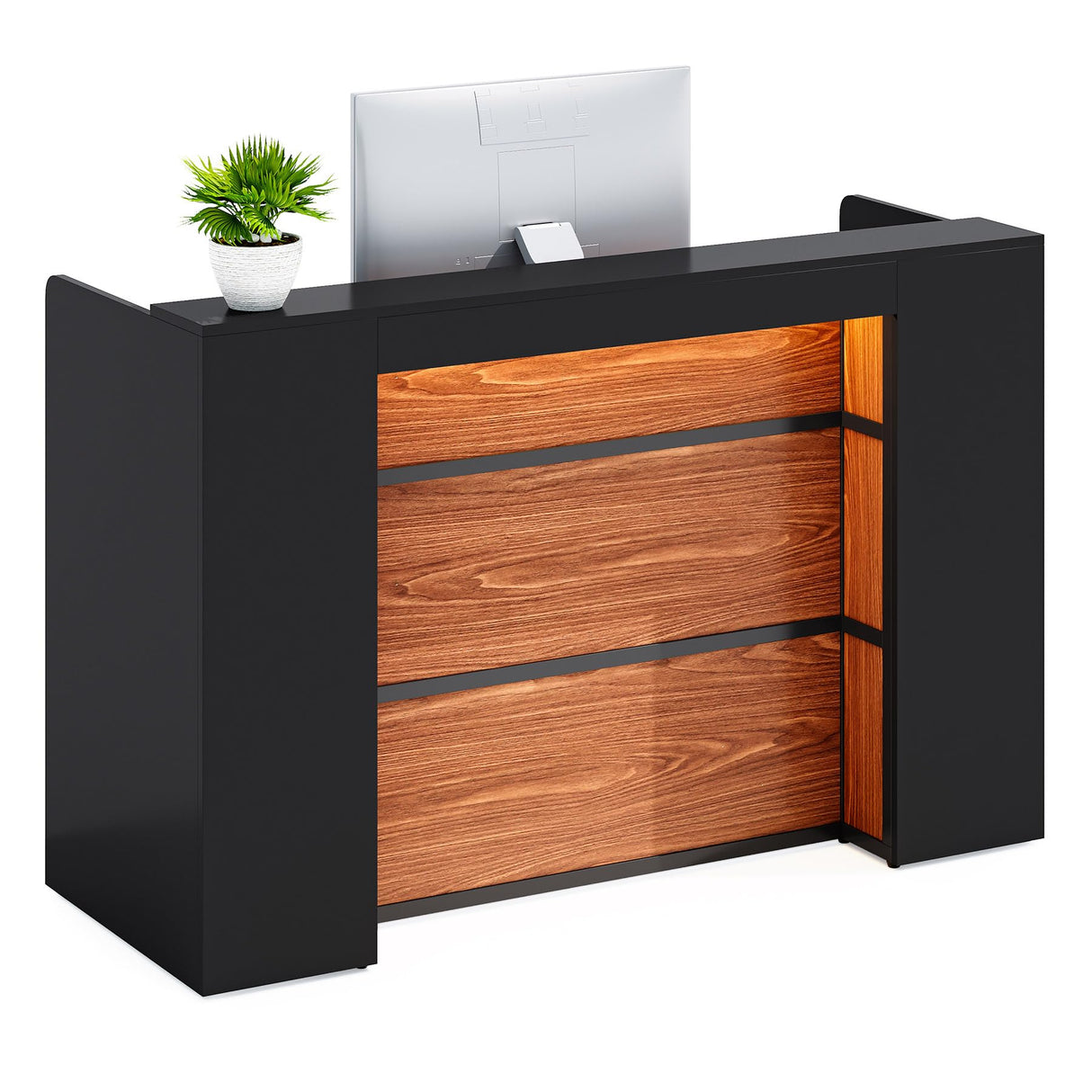 LITTLE TREE 63 Inches Reception Desk, Modern Reception Table with LED Light, Front Counter Desk, Wooden Checkout Counter for Lobbies, Salons, Retail, Home Offices, Reception Room, Black & Brown LITTLE TREE