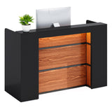 LITTLE TREE 63 Inches Reception Desk, Modern Reception Table with LED Light, Front Counter Desk, Wooden Checkout Counter for Lobbies, Salons, Retail, Home Offices, Reception Room, Black & Brown LITTLE TREE