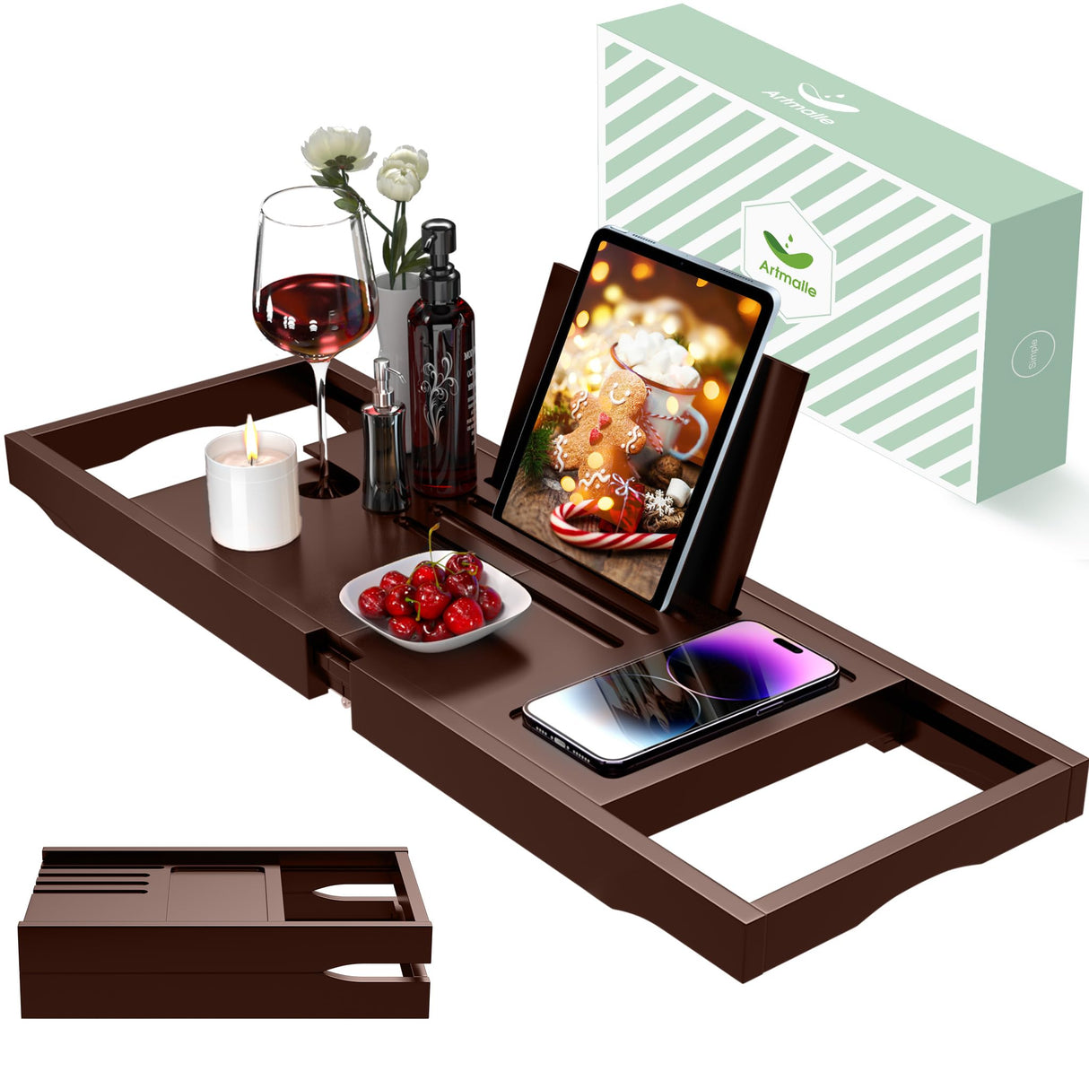 Artmalle Bathtub Tray for Tub, Expandable Bamboo Bath Caddy Tray with Book Stand for Home Spa Relaxing, Foldable Minimalist Bathroom Accessories for Women Men (Simple, Brown) Artmalle