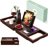 Artmalle Bathtub Tray for Tub, Expandable Bamboo Bath Caddy Tray with Book Stand for Home Spa Relaxing, Foldable Minimalist Bathroom Accessories for Women Men (Simple, Brown) Artmalle