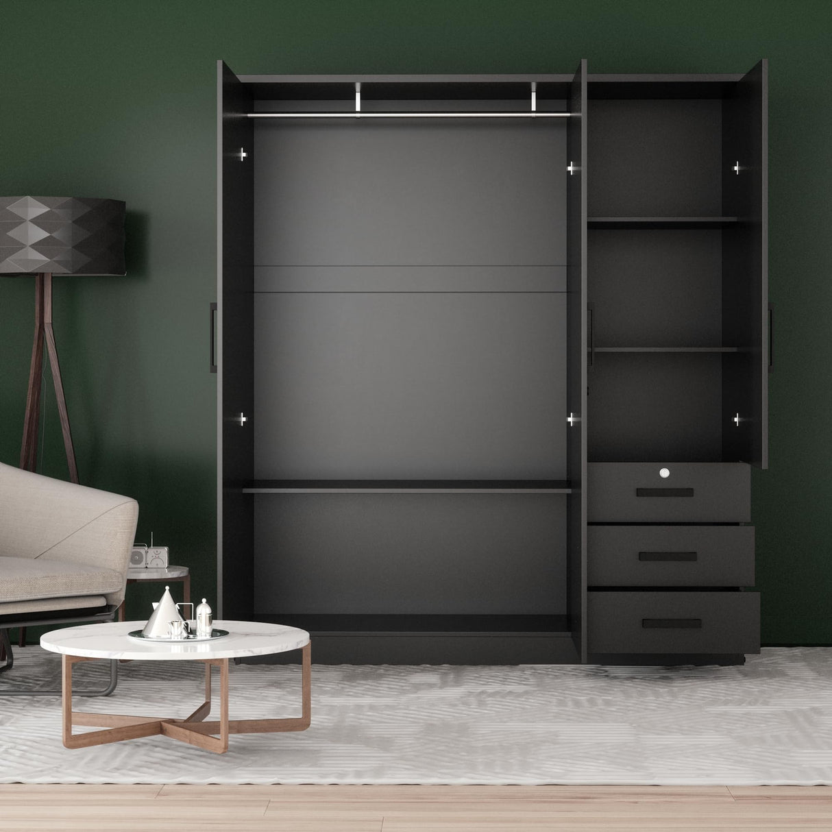 Better Home Products Violet Wardrobe Armoire Closet with Mirror, Three Drawers and 3 Doors. (Black) Better Home Products
