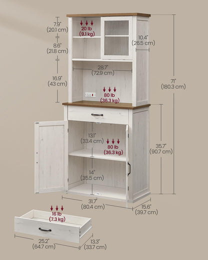 VASAGLE 71" Pantry Cabinet with Lights and Charging Station, Kitchen Pantry Cabinet with Doors and Drawer, Farmhouse Storage Cabinet, Coffee Bar Cabinet, Adjustable Shelves, Rustic White UBBK363W12