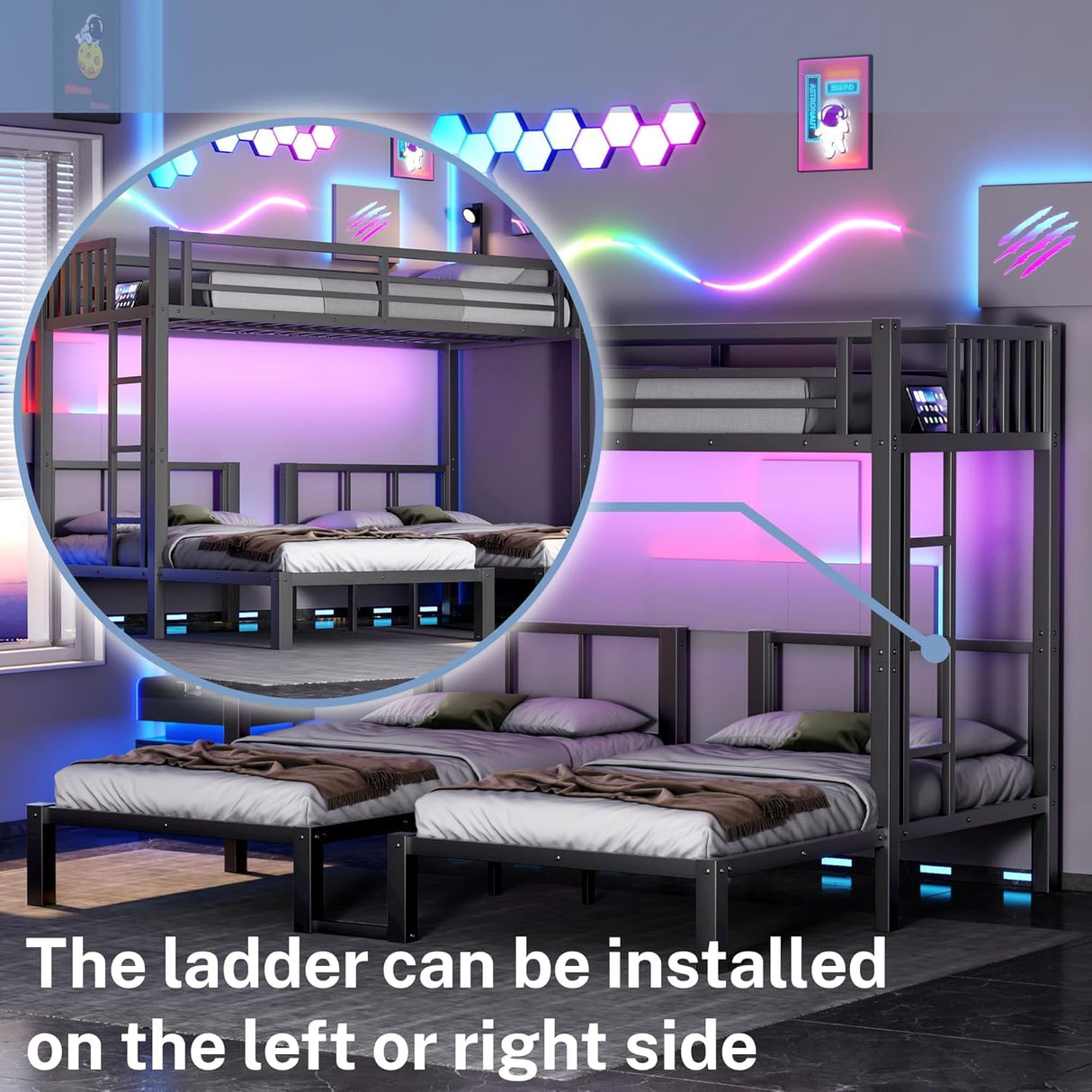 Triple Bunk Beds for Kids with LED Light, Heavy Duty Metal 3 Bunk Beds with Charge Station & Storage Shelf, Triple Bed for 3 Kids, Convertible Three Bunk Frame for Boys, Girls and Teens, Black Duxelifin