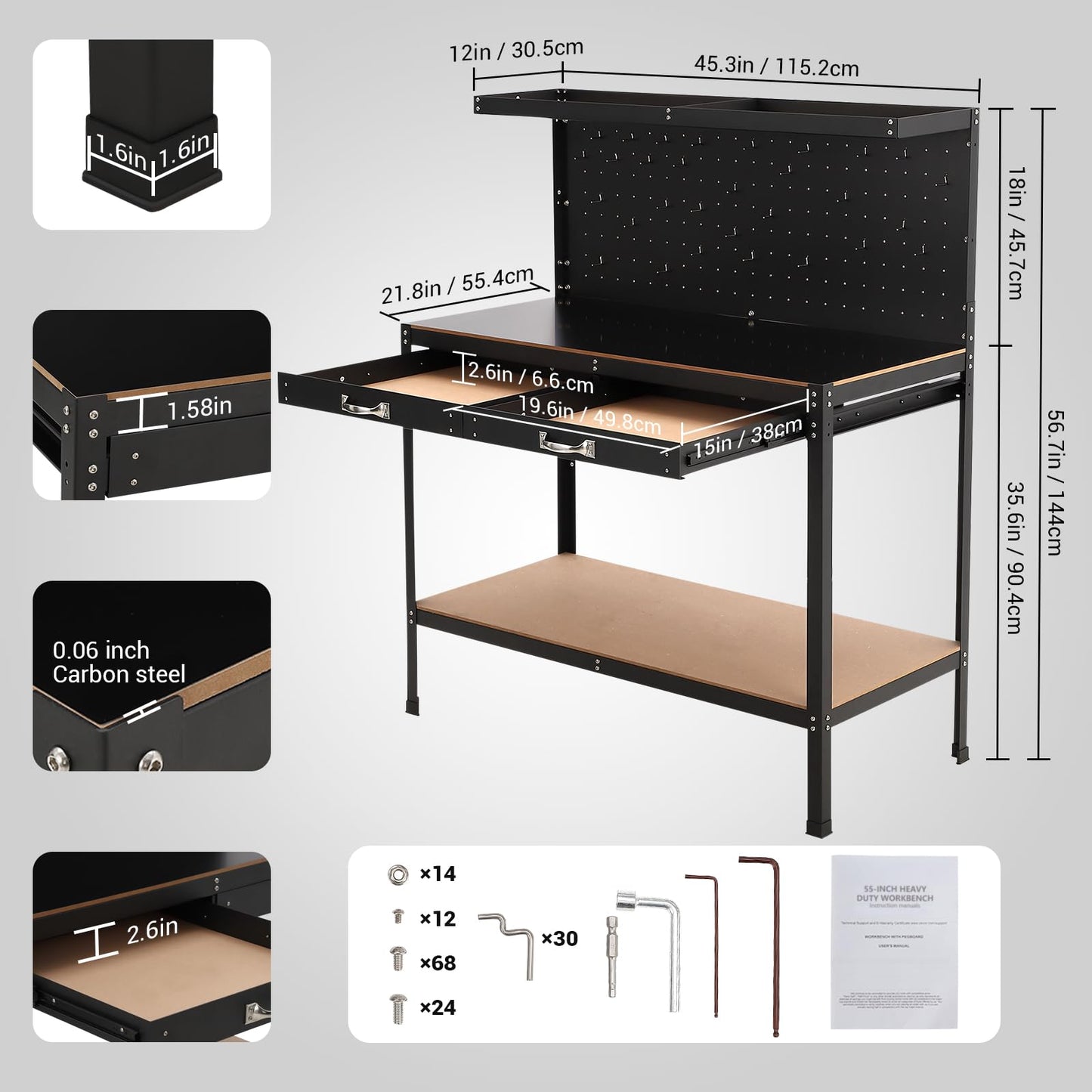 GarveeTech 56 Inch Workbench with Pegboard, Workbench Tool Storage Workshop Table with Drawers and Pegboard, 420lbs Weight Capacity - WoodArtSupply