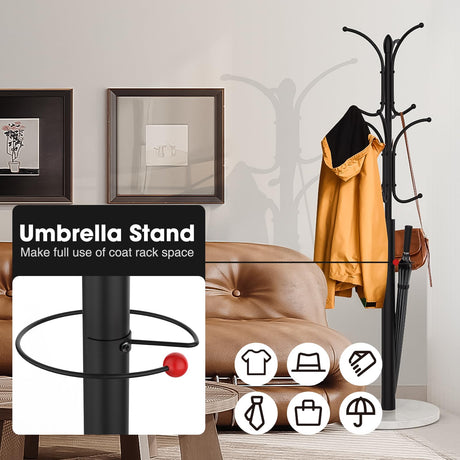 Ulimart Coat Rack Freestanding,12 Hooks Coat Racks with Natural Marble Base & Umbrella Holder,Easy Assembly Coat Rack Stand for Hanging Scarf,Purse,Hats,Jacket(Black) Ulimart