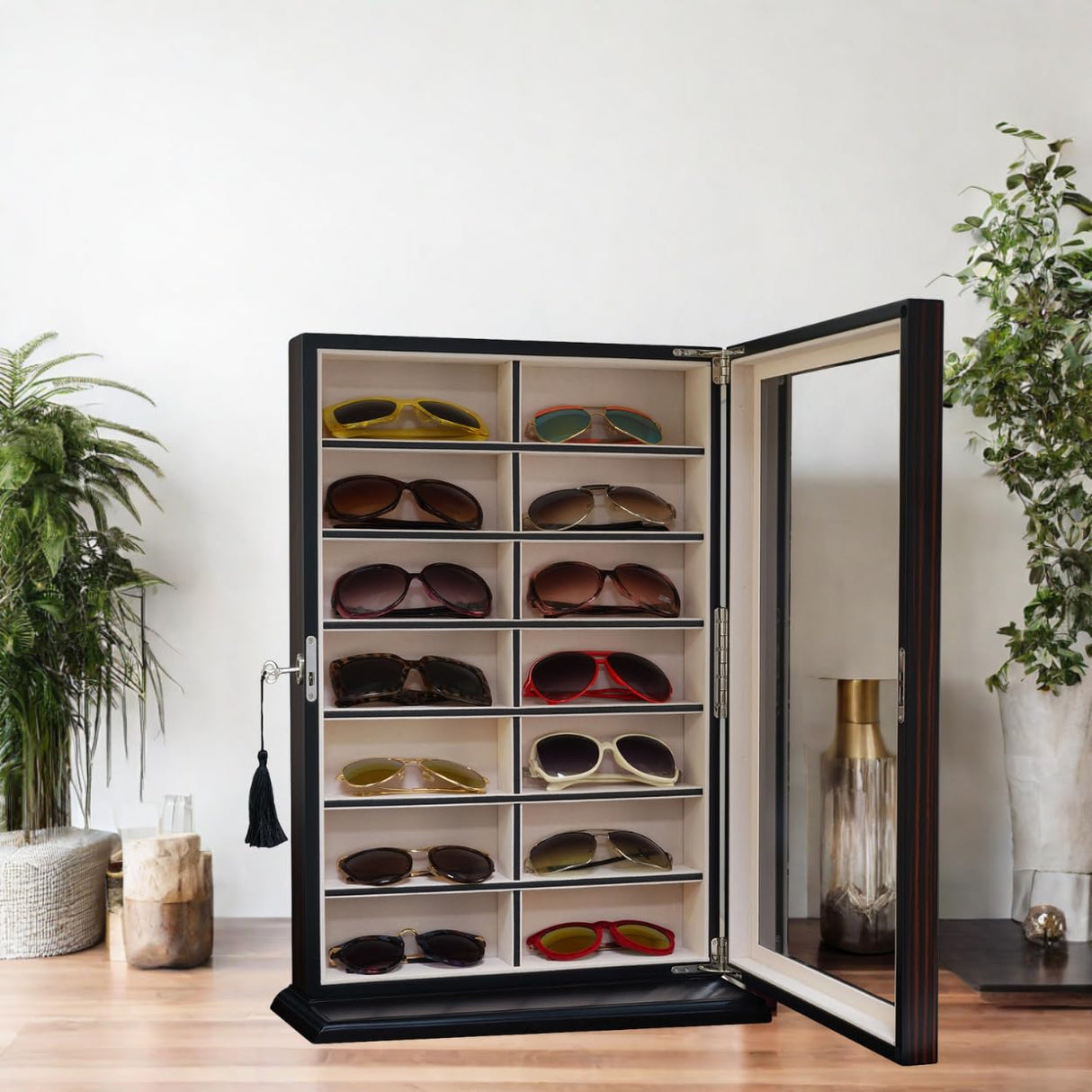 TIMELYBUYS 14 Piece Large Ebony Wood Eyeglass Sunglass Display Wall Hanging Case and Storage Organizer Box and Stand TIMELYBUYS