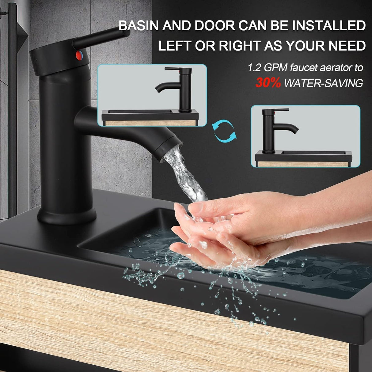 UEV 16" Small Bathroom Vanity Wall Mounted,Black and Natural Mixed Small Bathroom Vanity with Ceramic Sink,Bathroom Vanity and Sink Set with Frosted Black Faucet P-Trap (BN B10-New) UEV