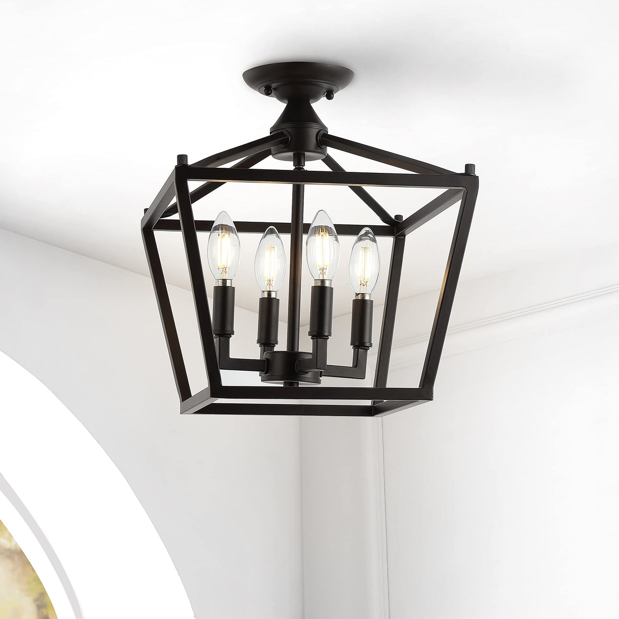 JONATHAN Y JYL7610A Plains Mini Lantern 12" 4-Light Iron Modern Farmhouse LED Flush Mount, Rustic, Industrial, Dimmable, 2700K Cozy Warm Light Kitchen, Hallway, Bathroom, Stairwell, Oil Rubbed Bronze JONATHAN Y