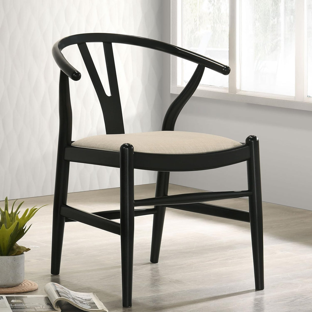 Simple Relax Set of 2 Upholstered Y-Shaped Back Wishbone Dining Side Chairs in Black and Beige simple relax
