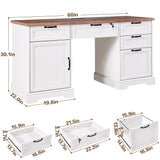 boknight 60" Farmhouse Executive Desk with Lock,Home Office Desk with Charging Station,Executive Desk with 4 Drawers & 1 Cabinet&1 File Cabinet for Office and Home boknight