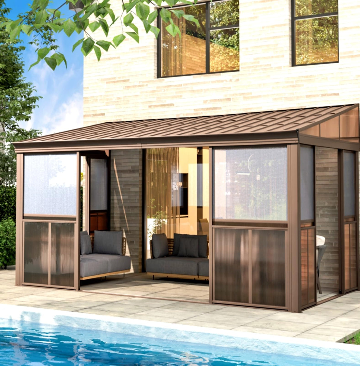 EROMMY 10' x 14' Sunroom, Wall Mounted Gazebo with Galvanized Steel Roof & Aluminum Frame, 3-Sided Sliding Doors, Lean to Gazebo with 6mm Thickened UV-Resistant PC Screen for Patio, Garden, Backyard EROMMY