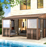 EROMMY 10' x 14' Sunroom, Wall Mounted Gazebo with Galvanized Steel Roof & Aluminum Frame, 3-Sided Sliding Doors, Lean to Gazebo with 6mm Thickened UV-Resistant PC Screen for Patio, Garden, Backyard EROMMY