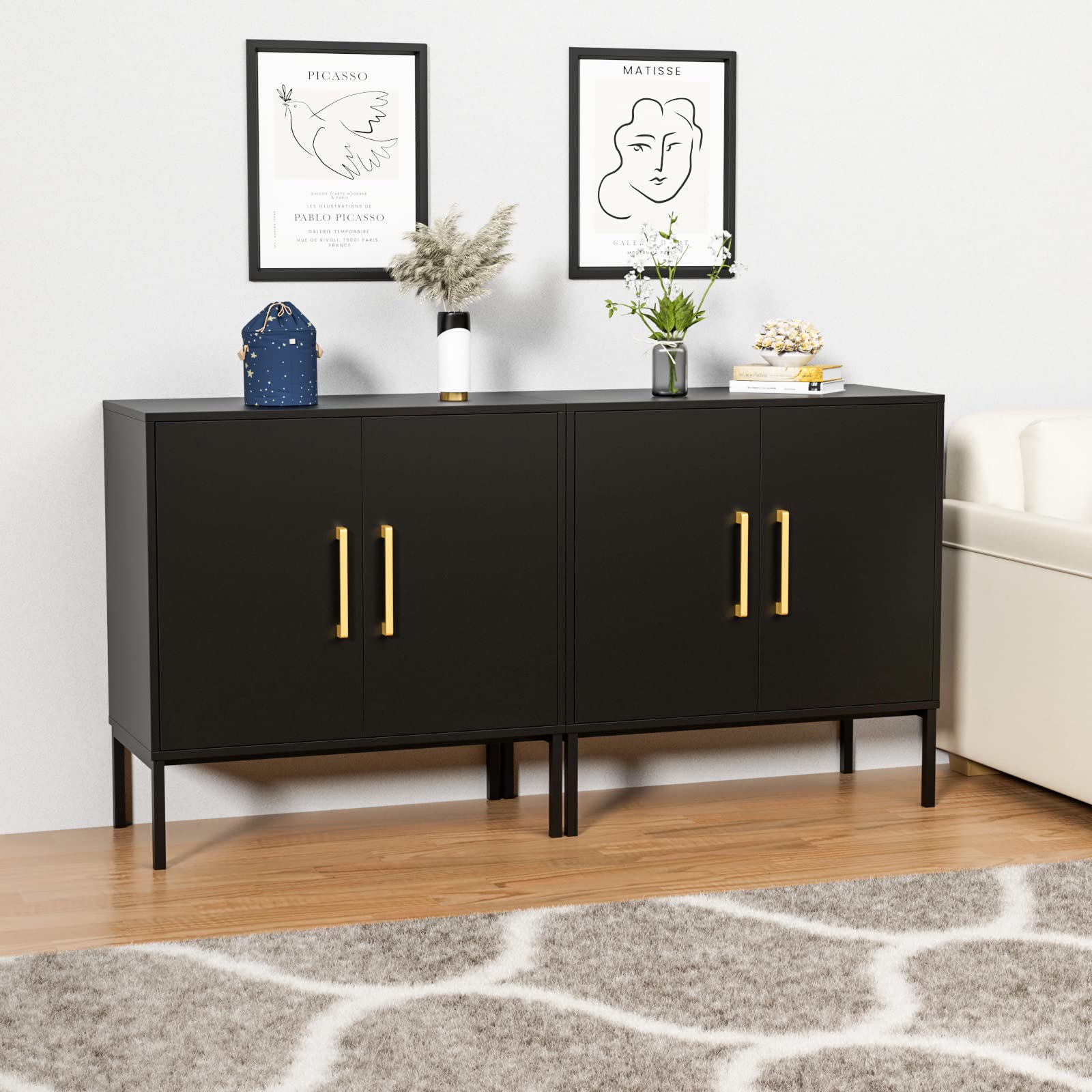 CARPETNAL Set of 2 Accent Storage Cabinet with Doors and Adjustable Shelf, Freestanding Buffet Cabinet, Modern Sideboard Buffet Cabinet for Living Room, Dining Room, Kitchen, Hallway (Black) - WoodArtSupply