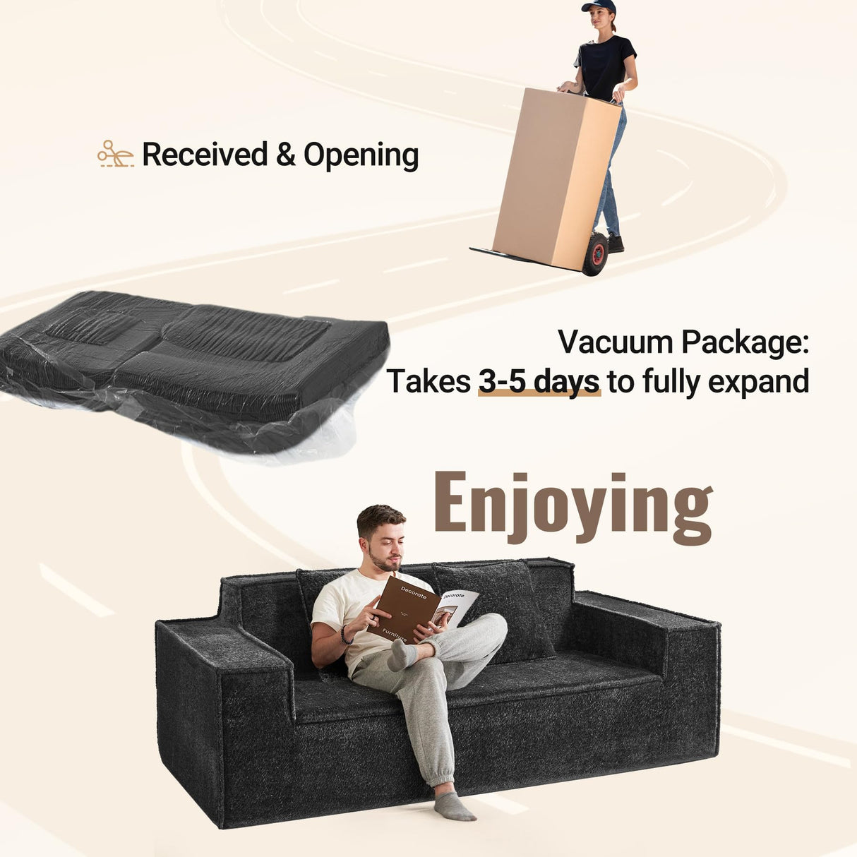 77'' Modern Cloud Loveseat Couch, No Assembly Required Deep Seat Sofa in Chenille Includes 2 pcs Pillows for Living Room, Bedroom, Apartment(Black) Luxanimarion