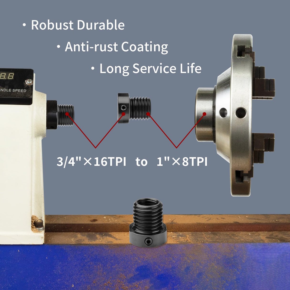 DEEFIINE Woodworking Lathe Headstock Spindle Adapter Convert 3/4''×16TPI to 1''×8TPI Thread Chuck Insert Adapter Turning Tool Accessories ﻿ DEEFIINE