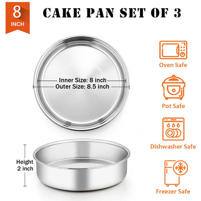 8 Inch Cake Pan Set, 3 Pcs P&P CHEF Round Baking Pans Stainless Steel Layer Birthday Wedding Cake Pans, Fit Oven/Pots/Pressure Cooker, Non Toxic & Heavy Duty, Dishwasher Safe