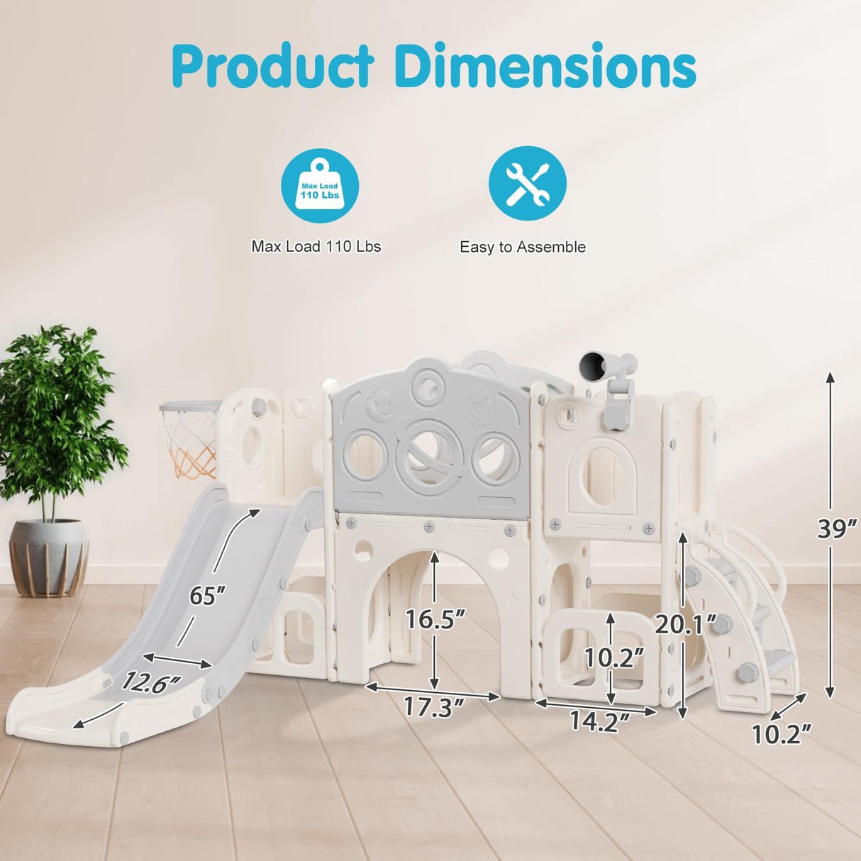 Babytronic Toddler Slide Set, 8 in 1 Kids Slide with Climber, Indoor Outdoor Slide for Toddlers Age 1-3, Toddler Playset with Basketball Hoop and Tunnel, Toddler Indoor Outdoor Playground (White&Gray) Babytronic