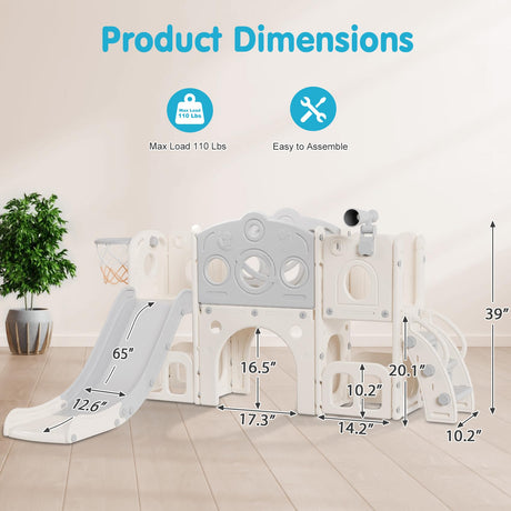 Babytronic Toddler Slide Set, 8 in 1 Kids Slide with Climber, Indoor Outdoor Slide for Toddlers Age 1-3, Toddler Playset with Basketball Hoop and Tunnel, Toddler Indoor Outdoor Playground (White&Gray) Babytronic