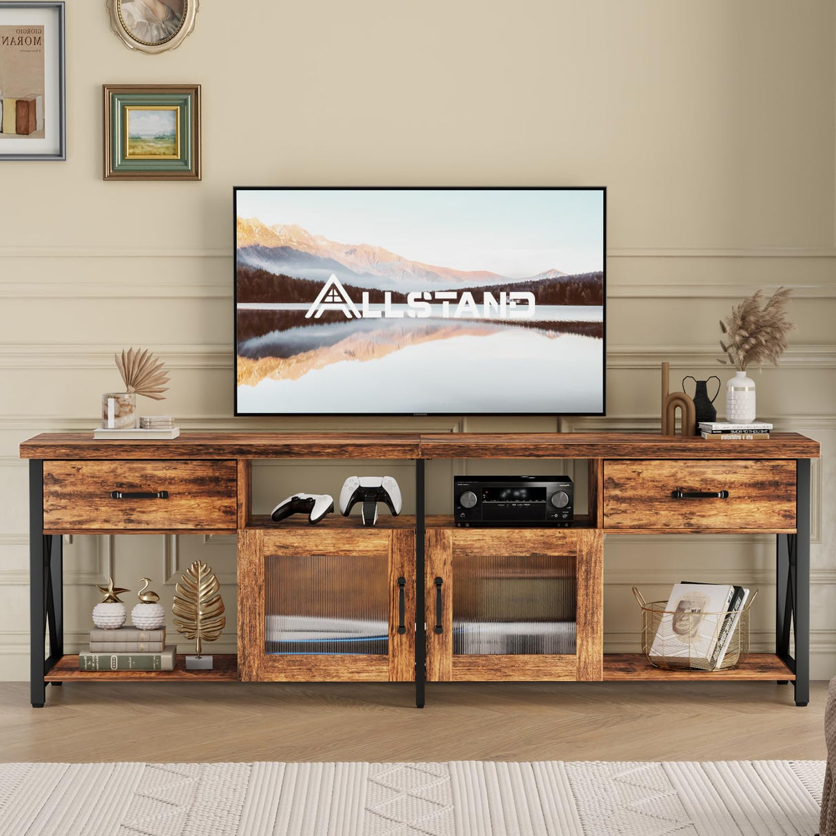 ALLSTAND 71 Inches Tall TV Stand for 75 80 Inch TV, Entertainment Center with Fabric Drawers & Cabinets, Industrial Gaming Console Table with Soundbar Shelf for Living Room, Bedroom, Rustic Brown ALLSTAND