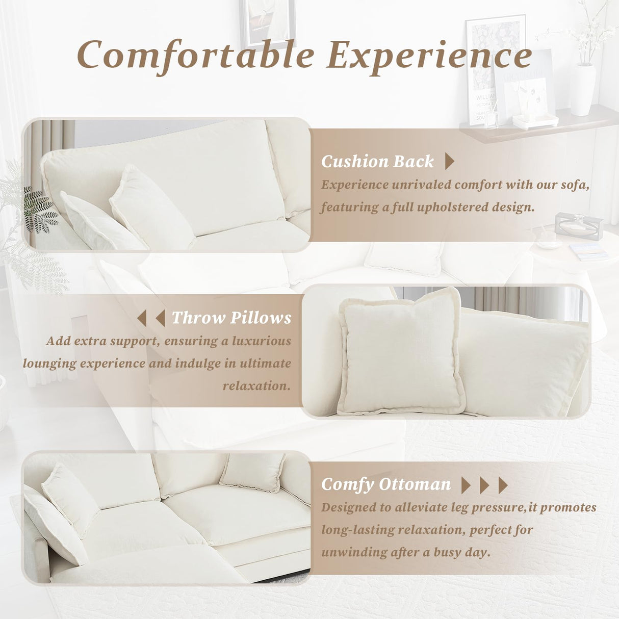 SoarFlash Chenille Sectional Sofa, Comfy L Shaped Modular Coush Sofa with Ottoman, Modern 2 Seat Couch Deep Seat Sofa Set for Living Room,White SoarFlash