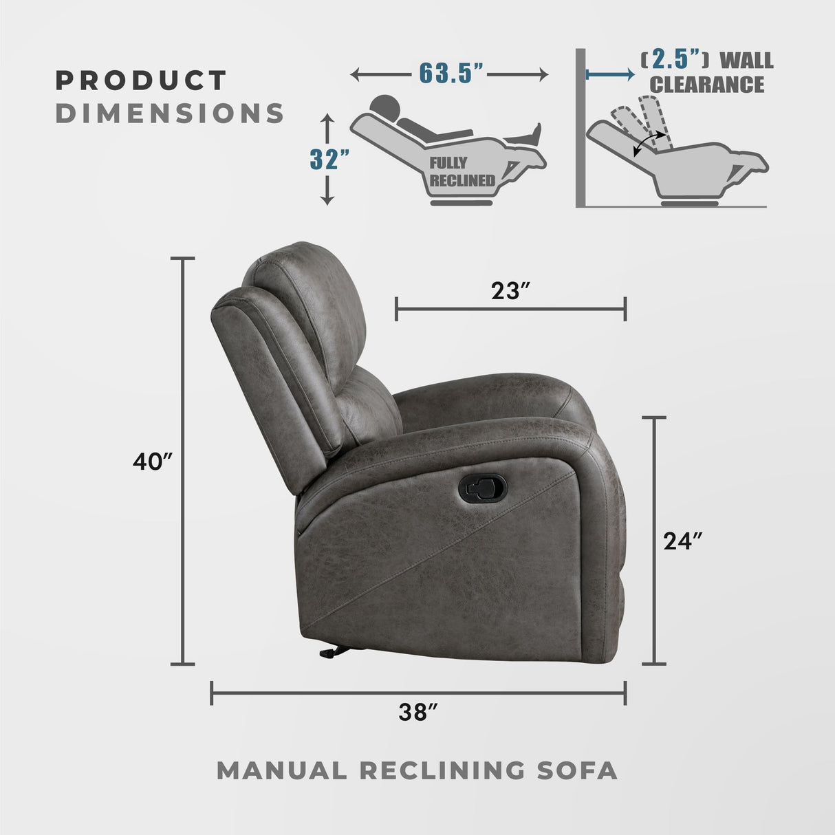 Lexicon Manual Double Reclining Sofa, Polished Microfiber Manual Wall Hugger Sofa Recliner for Living Room, Home Theater Seating, Track Arm, Stitching Cushion, Padded Foam Seat Cushion, Gray Lexicon