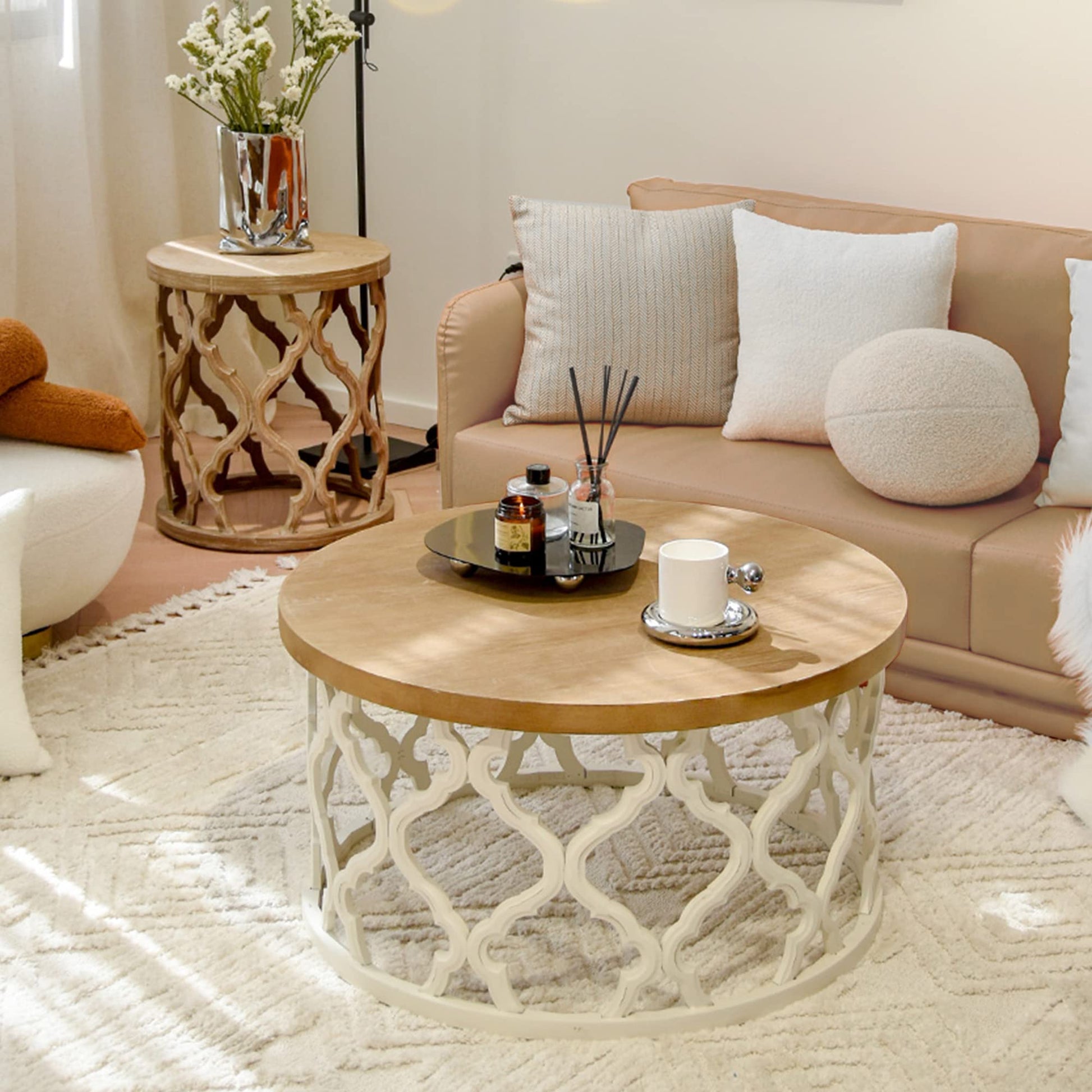 Clredg Round Farmhouse Coffee Table, Wood Grain Top Table with Curved Motif Frame Base for Rustic, Boho, Rustic, French Country Decor, Traditional White - WoodArtSupply