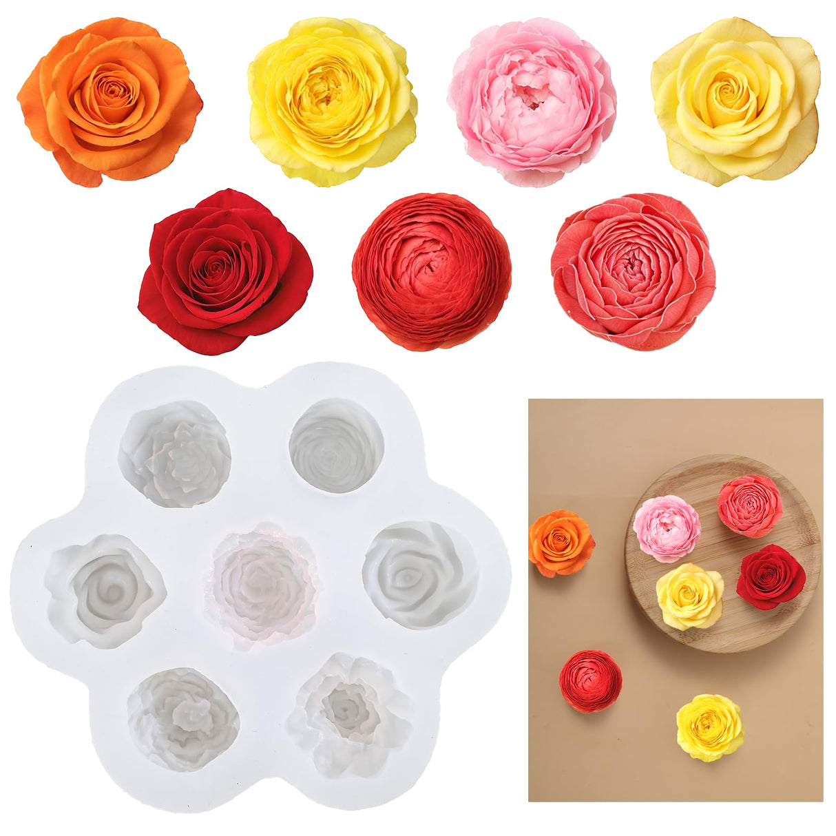 Lnngub Flower Silicone Mold,Rose Candle Mold 7 Cavity Silicone Flower Candle Molds for Candles Making Rose Peony Fondant Molds for Jelly Chocolate Mousse Cake Decorating Lnngub