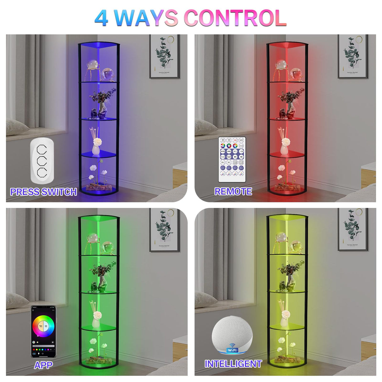 5 Tiers Corner Shelf with Light, WIFI RGB LED Floor Lamp Compatible with Alexa, Smart App and Remote Control, Corner Display Cabinet with Storage Rack for Collectibles Curio Living Room Bedroom Home XIIW