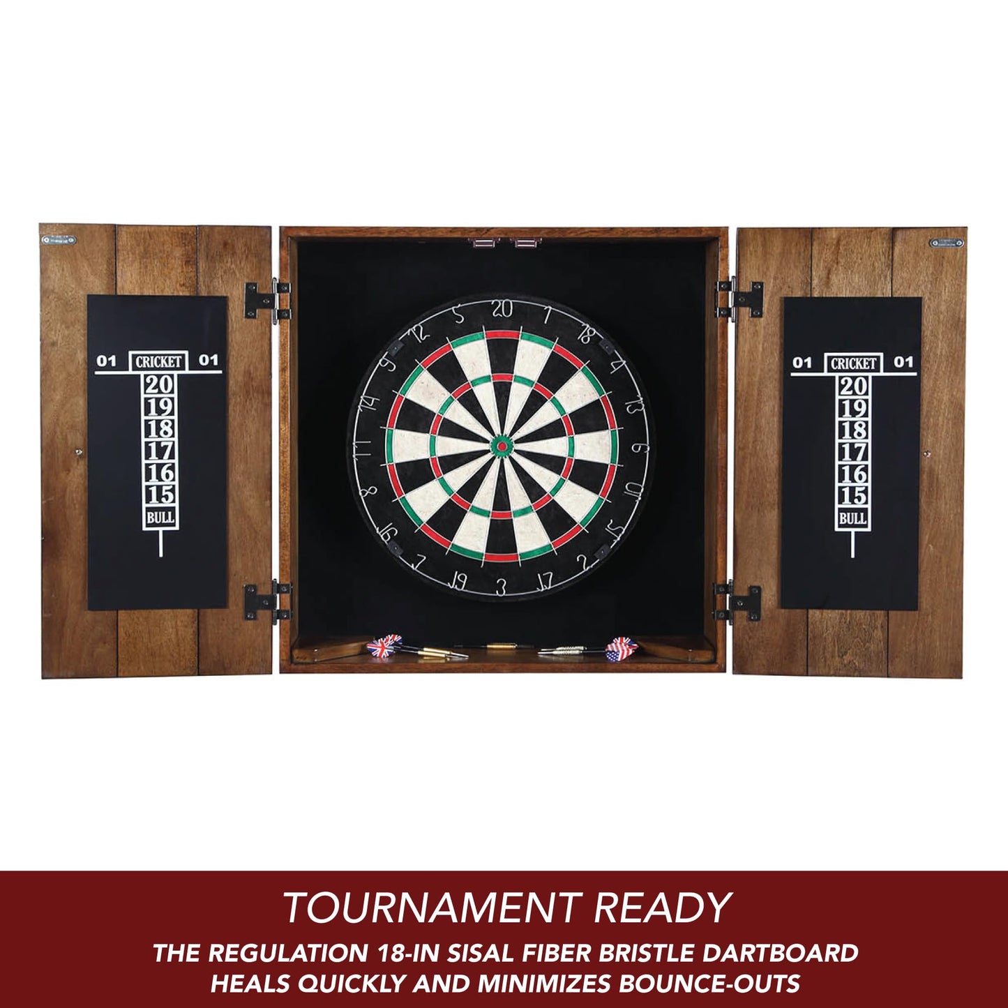 Hathaway Drifter Solid Wood Dartboard & Cabinet Set, Rustic Oak, 6" L W x 25" H - WoodArtSupply