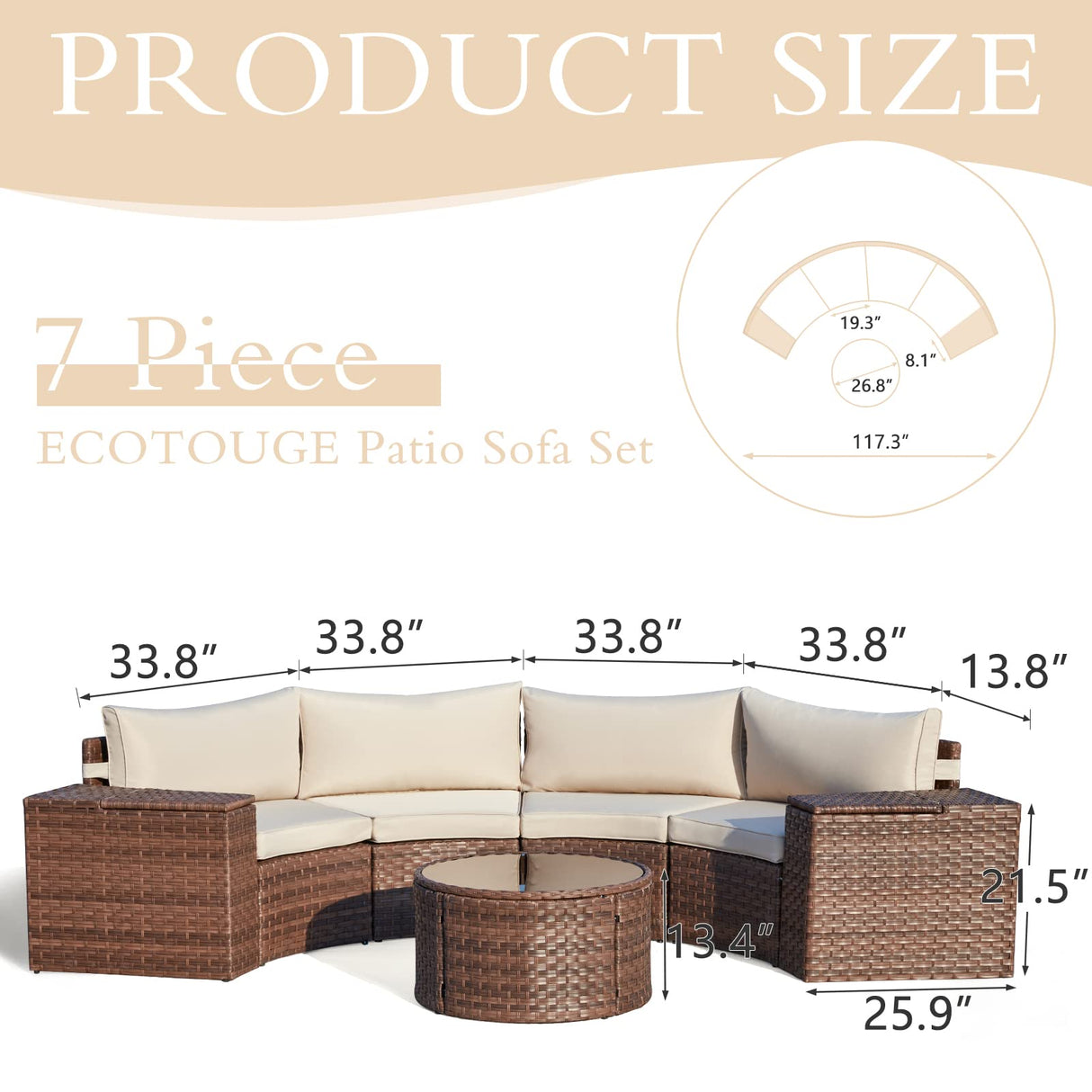 ECOTOUGE 7 Piece Patio Furniture Sets, Half-Moon Circle Conversation Set, Curved Wicker Outdoor Sectional with 2 Storage Armrests and Glass Coffee Table, Garden Balcony and Backyard (Beige) ECOTOUGE