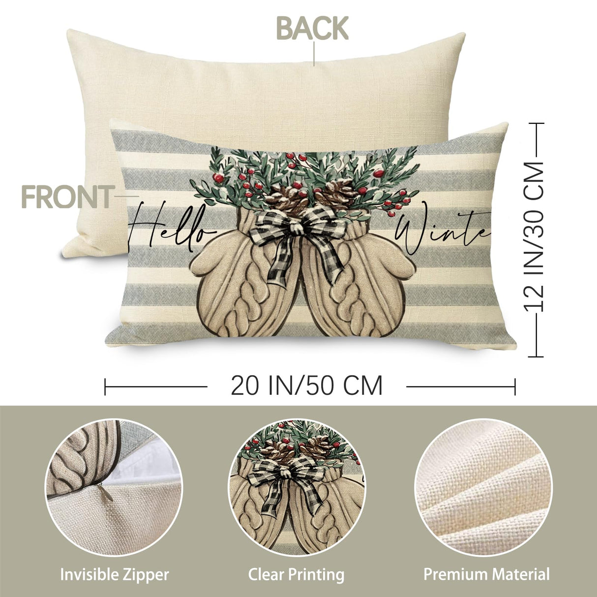 Fjfz Hello Winter Gloves Gray Lumbar Decorative Throw Pillow Cover 12 x 20, Rectangular Red Berry Gray Stripe Outdoor Home Decor, Plaid Bow Pine Cone Christmas Holiday Seasonal Farmhouse Cushion Case Fjfz