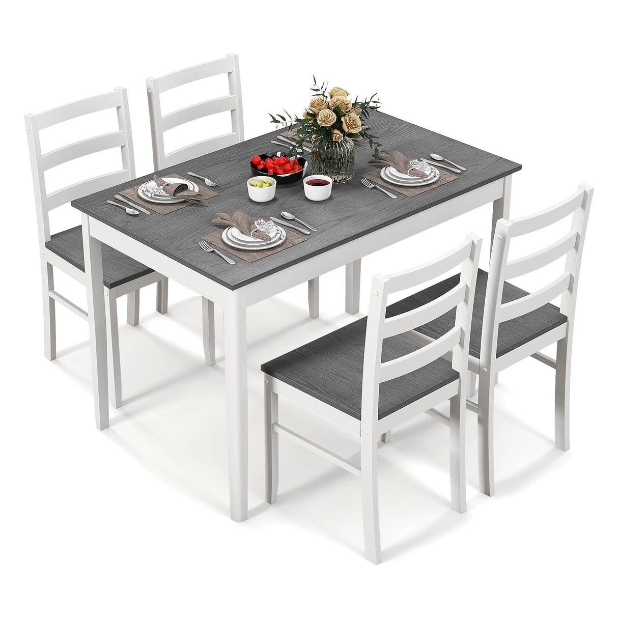 COSTWAY Dining Table Set for 4, Wood Kitchen Table Chairs Set with Rubber Wood Legs, Space-Saving Design, Modern 5-Piece Dinette Set for Small Place, Kitchen, Dining Room, Restaurant (Grey) COSTWAY