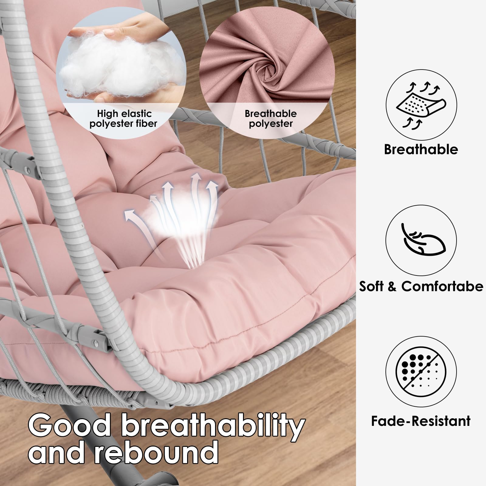 Hanging Egg Chair with Stand - Pink Swing Egg Chairs Wicker Rattan Hammock Chairs for Indoor Outdoor Bedroom Garden - Aluminum Steel Frame and UV Resistant Cushion 350LBS Capacity for Kids Ad - WoodArtSupply