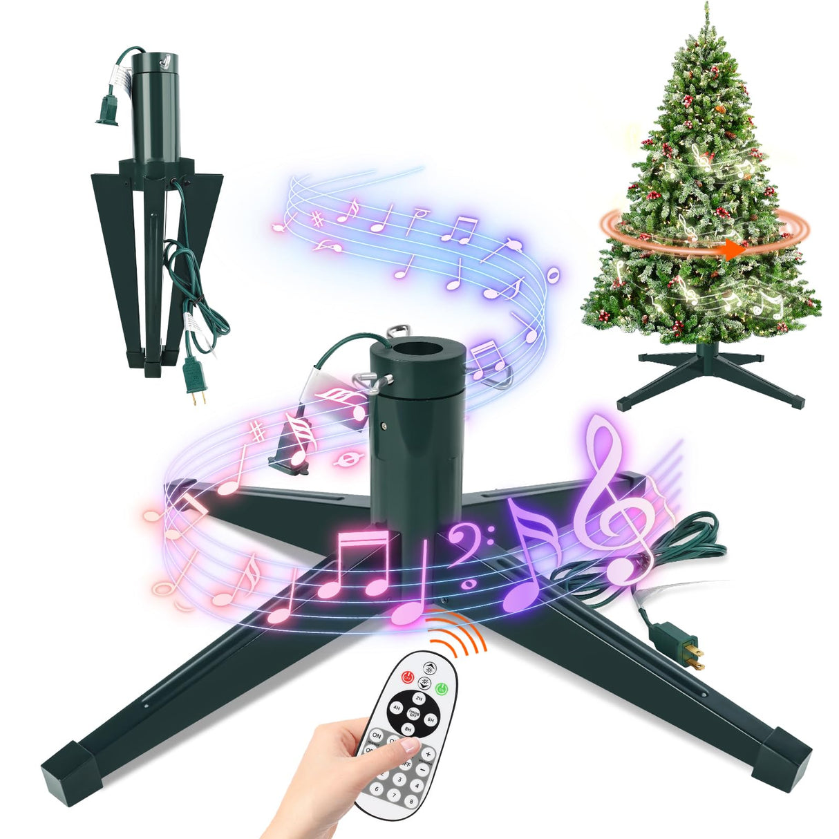 Axcoix Musical Rotating Christmas Tree Stand, Adjustable Tree Stands with Remote Control Music, Speed and Light, Artificial Christmas Tree Stand for Up to 8 FT 100 LB Tree Axcoix