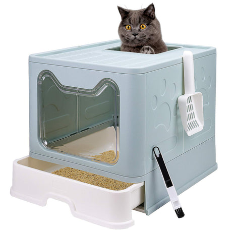 Foldable Cat Litter Box with Lid, Enclosed Potty, Large Top Entry Anti-Splashing Toilet, Easy to Clean Including Litter Scoop and 2-in-1 Cleaning Brush (Blue) fophop
