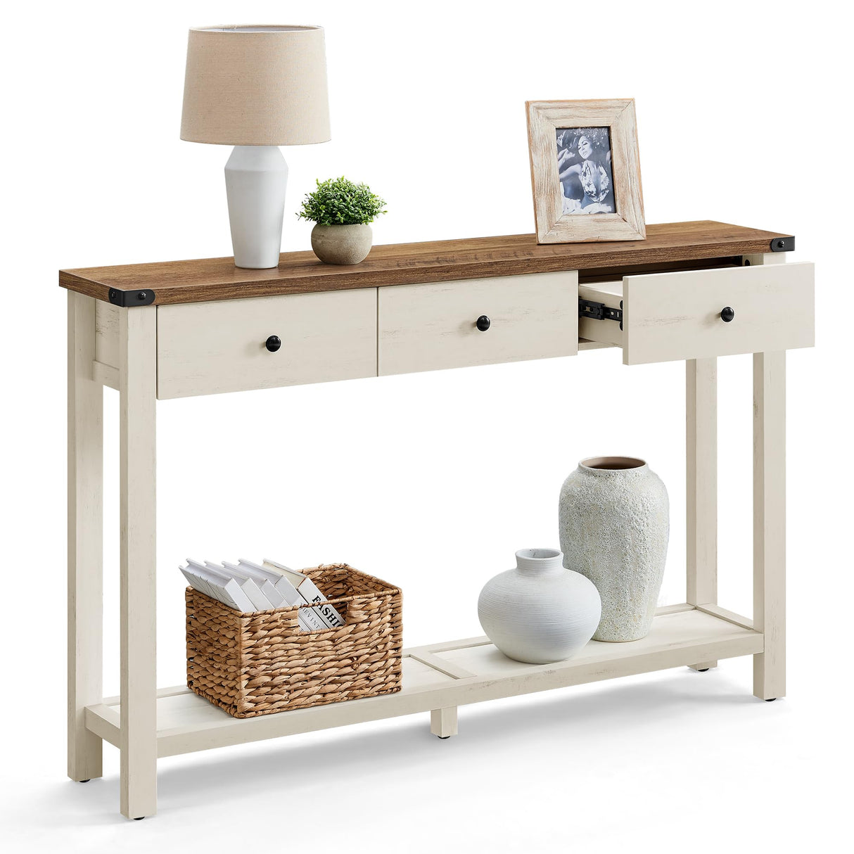 VASAGLE Console Table, Sofa Table, Narrow Entryway Table, Entry Table with 3 Drawers, Open Storage Shelf, Metal Corners, for Living Room, Farmhouse Style, Honey Brown and Rustic White ULNT142W73 VASAGLE