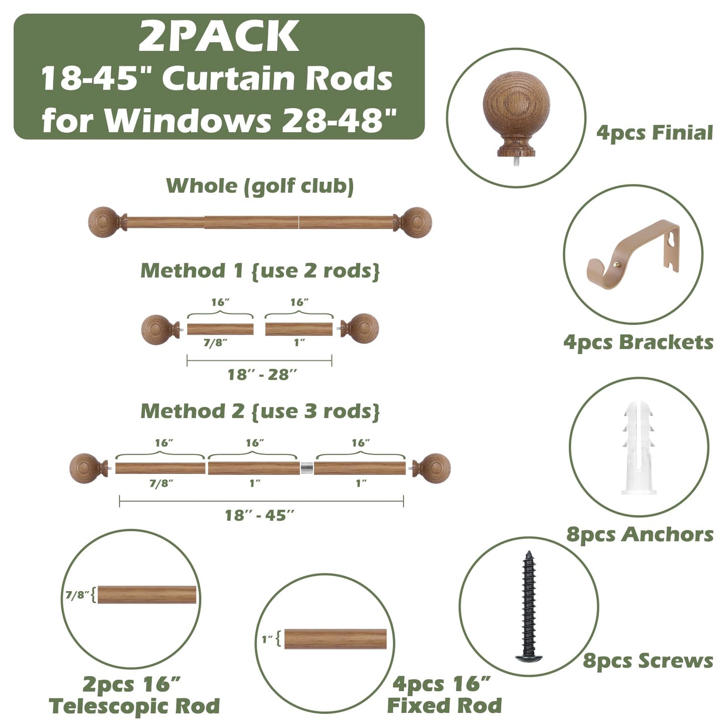 HTZON 2 Pack Wood Curtain Rods for Windows 28 to 48 Inch,1 Inch Wood Grain Ball Adjustable Curtain Rod,Boho Heavy Duty Curtain Rods,Farmhouse Rustic Window Curtains Rods,Brown Drapery Rods Set 18-45"